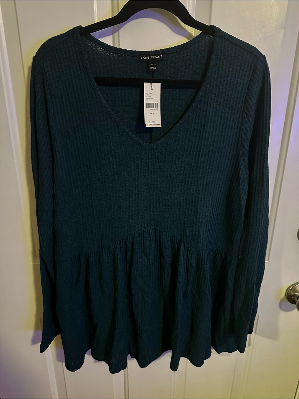 Lane Bryant Deep Teal V-Neck Peplum Long Sleeve Top